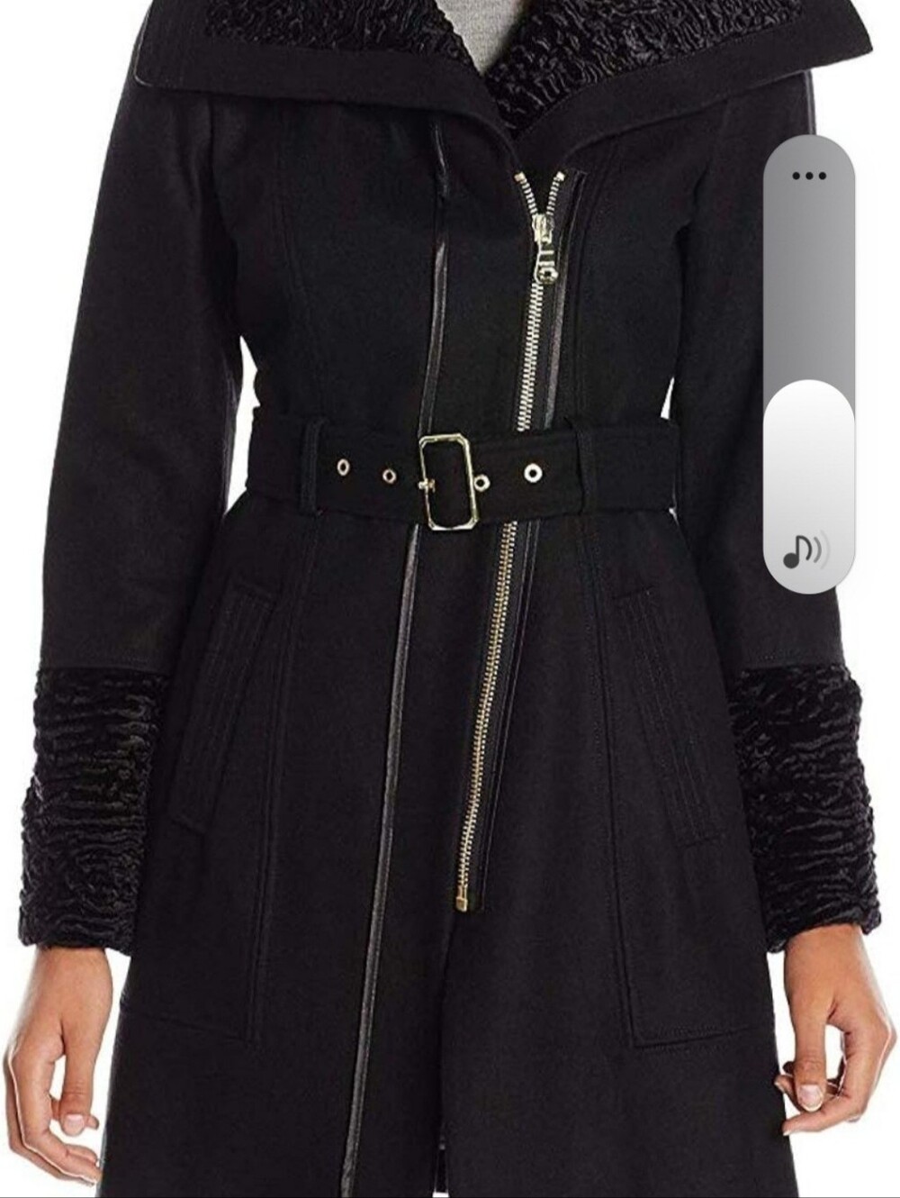GUESS Black Melton Wool Blend Belted Coat with Faux Fur Collar & Cuffs - NWOT